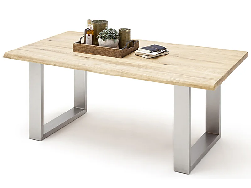 Table à manger en bois massif bord d'arbre, 2 pieds en U - L.220 x H.77 x P.100 cm