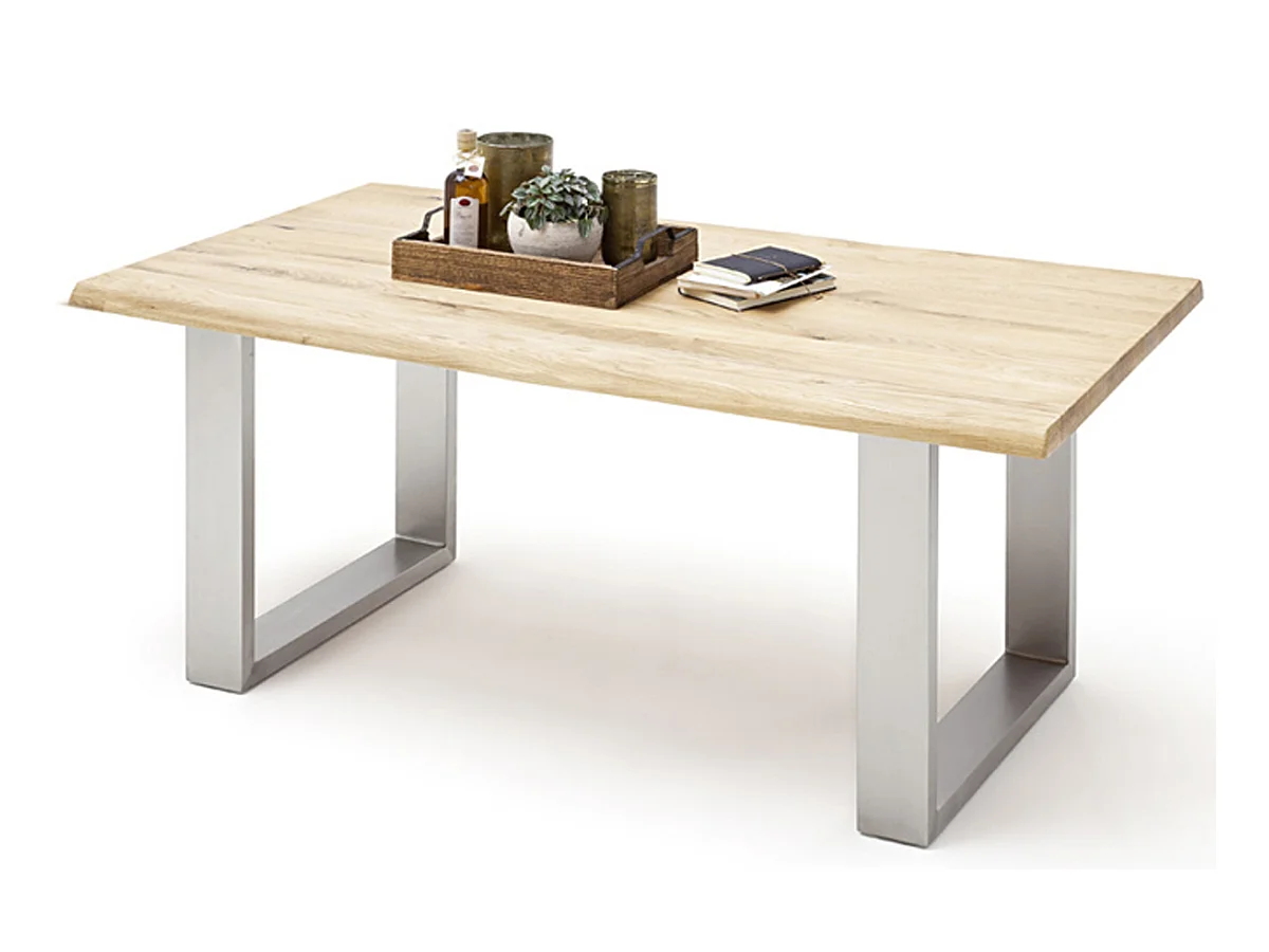 Table à manger en bois massif bord d'arbre, 2 pieds en U - L.220 x H.77 x P.100 cm