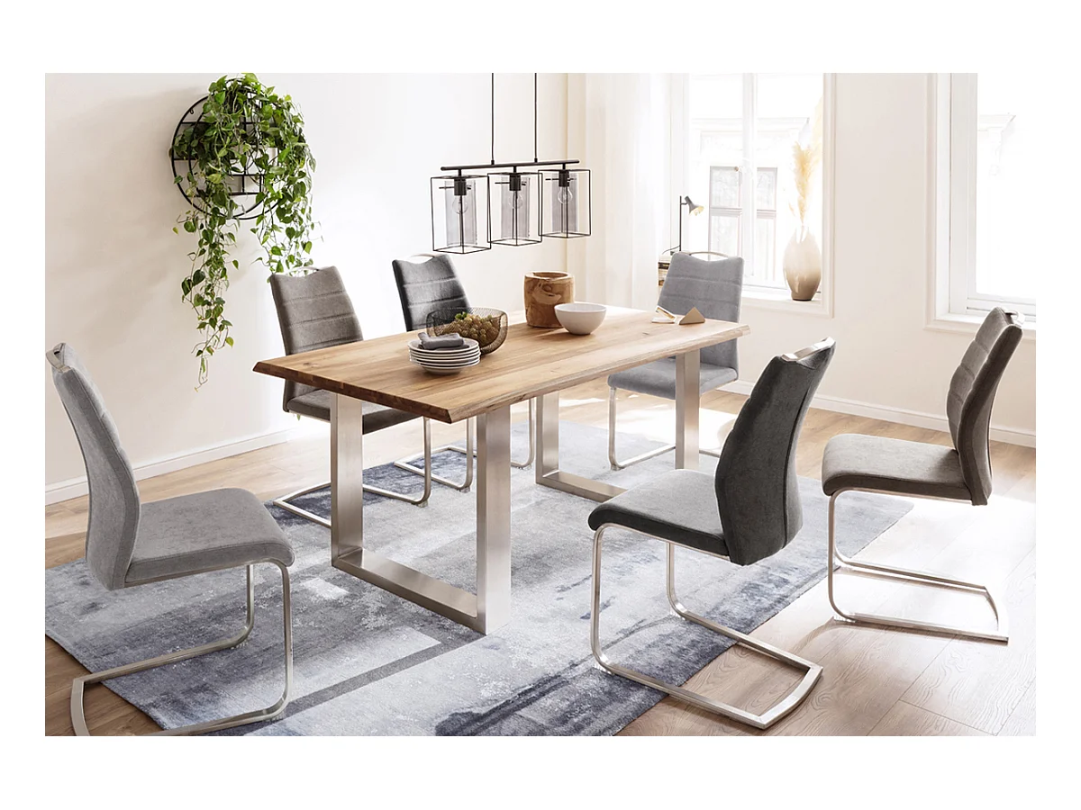 Table à manger en bois massif bord d'arbre, 2 pieds en U - L.220 x H.77 x P.100 cm