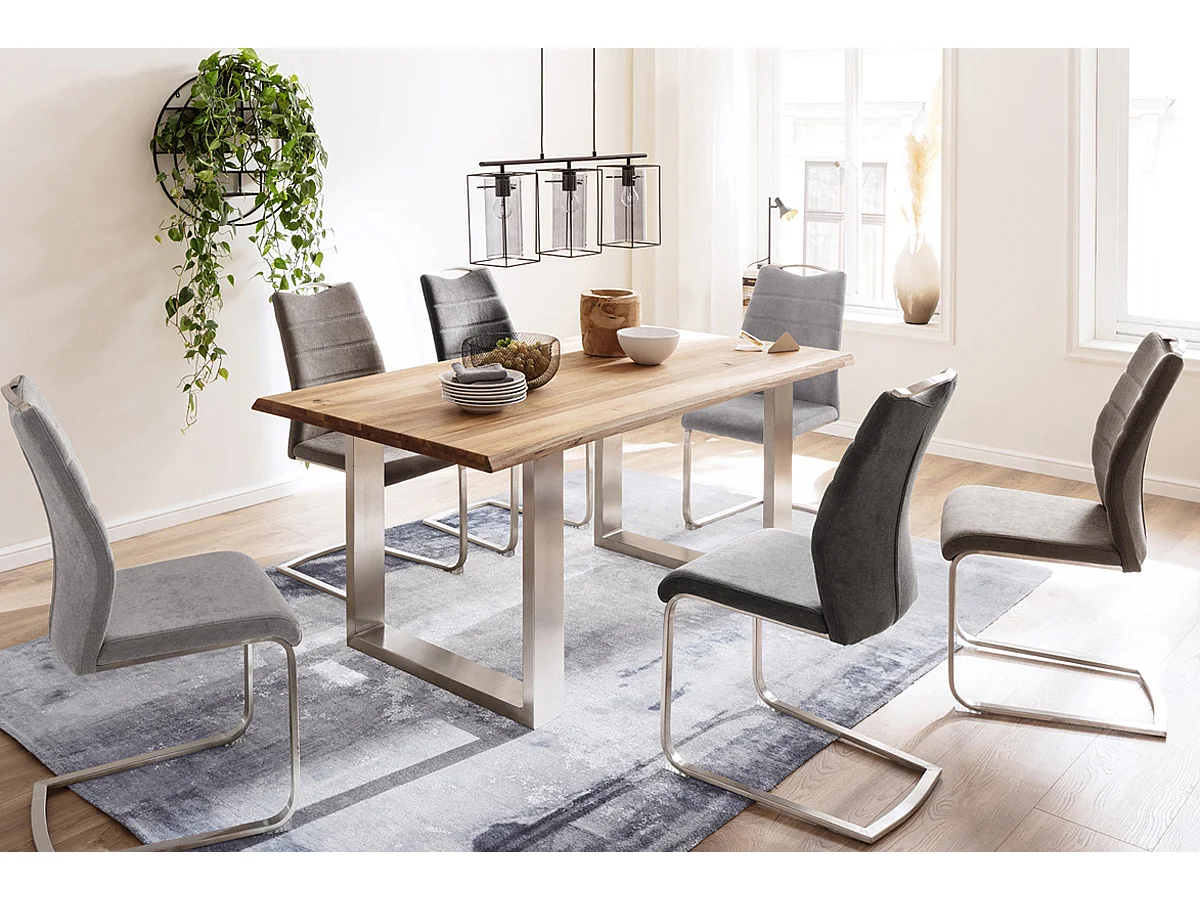 Table à manger en bois massif bord d'arbre, 2 pieds en U - L.220 x H.77 x P.100 cm