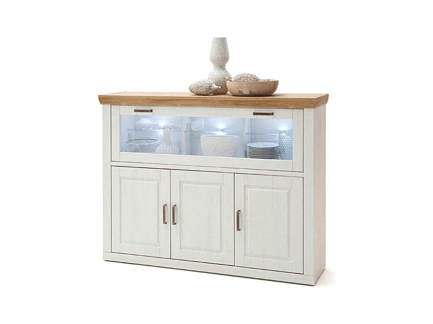Buffet en pin blanc et chêne avec LED - L.163 x H.123 x P.40 cm