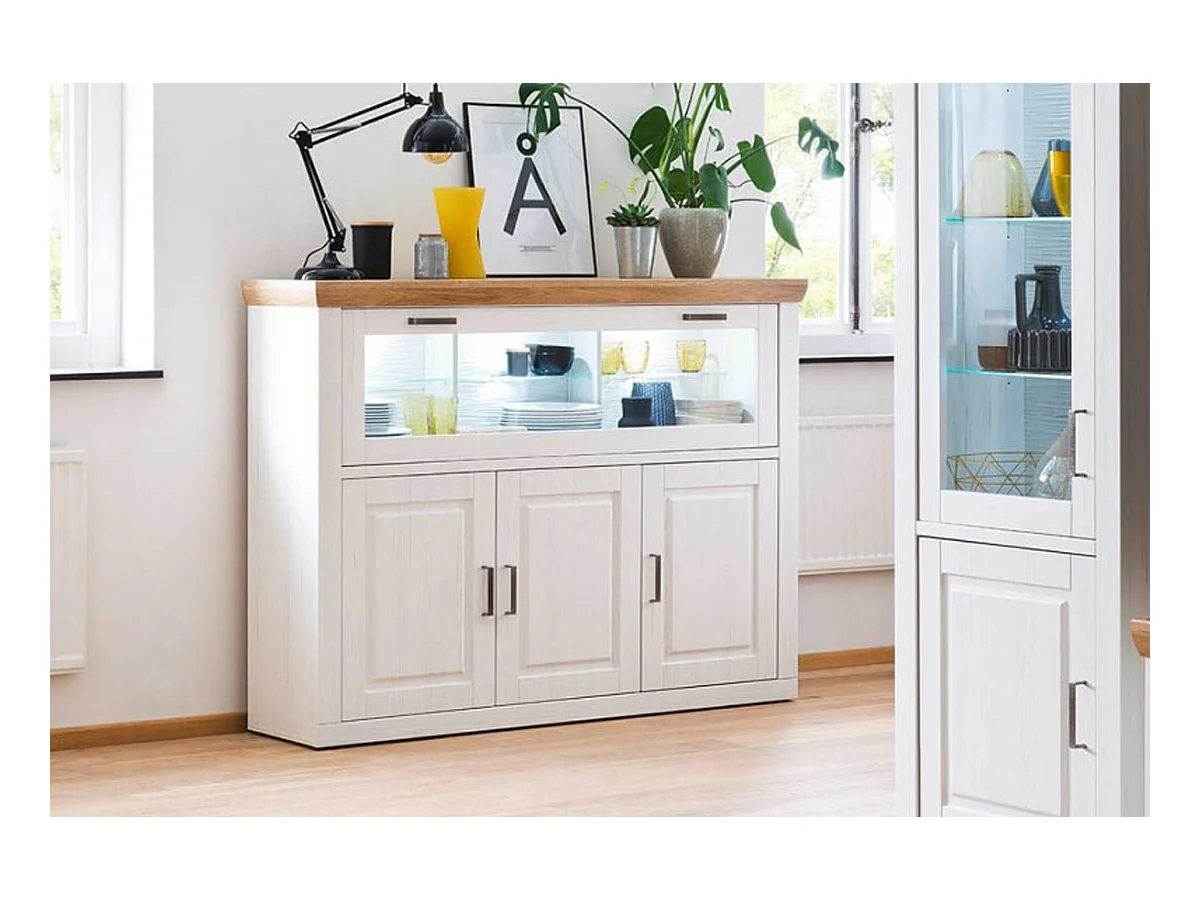 Buffet en pin blanc et chêne avec LED - L.163 x H.123 x P.40 cm