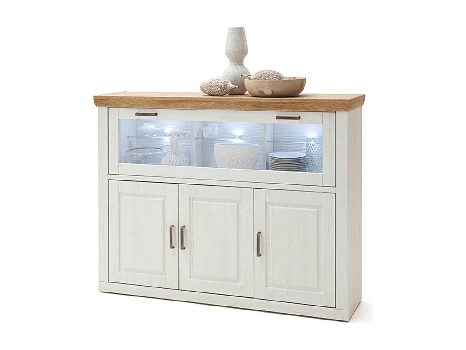 Buffet en pin blanc et chêne avec LED - L.163 x H.123 x P.40 cm