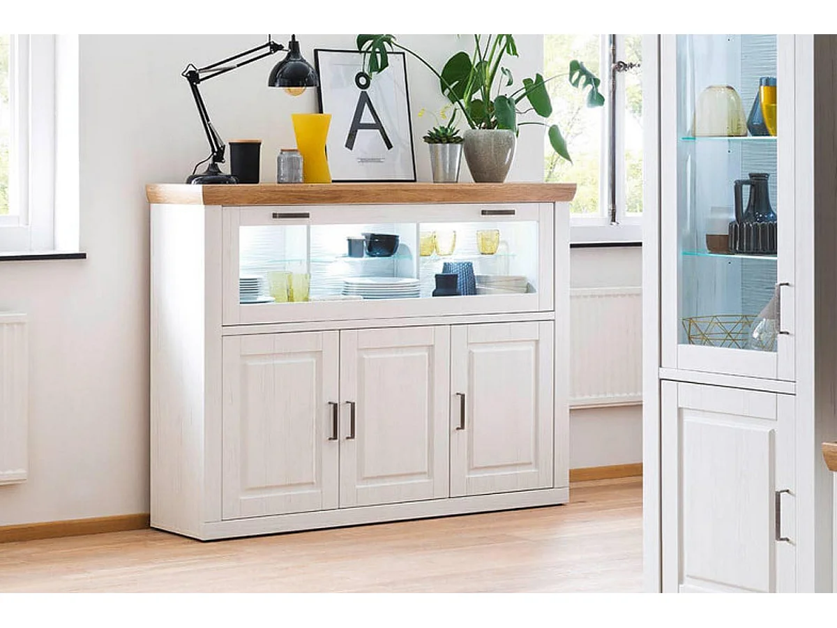 Buffet en pin blanc et chêne avec LED - L.163 x H.123 x P.40 cm