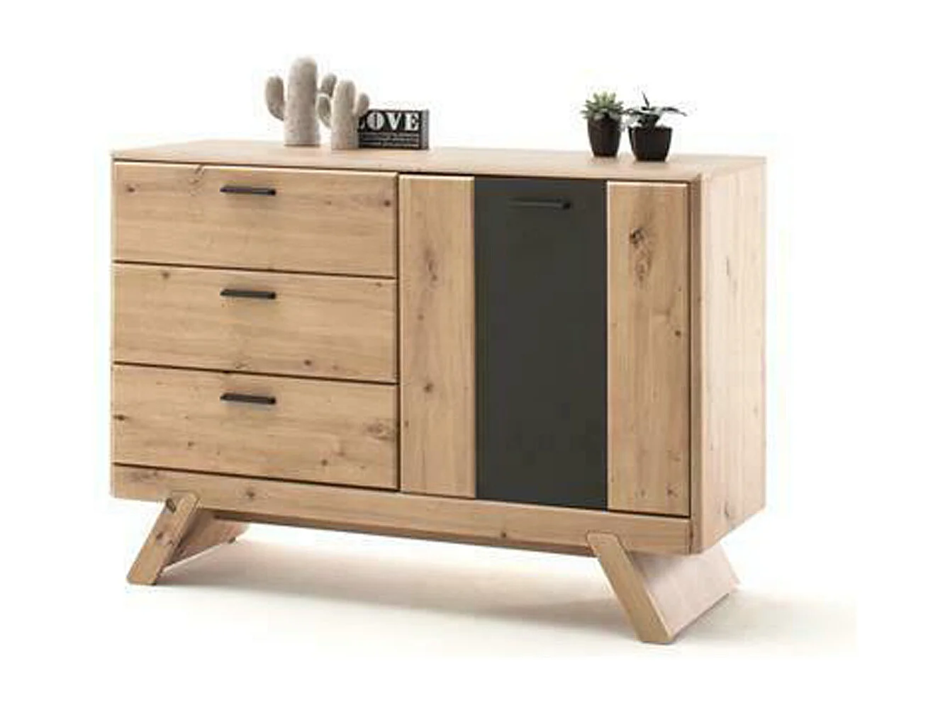 Buffet coloris chêne avec 1 porte et 3 tiroirs - Longueur 118 x Hauteur 84 x Profondeur 44 cm