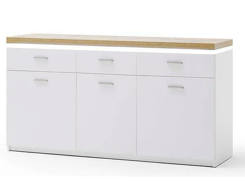 Buffet, meuble de rangement coloris blanc avec plateau finition chêne wotan - Longueur 156 x Hauteur 83 x Profondeur 44 cm