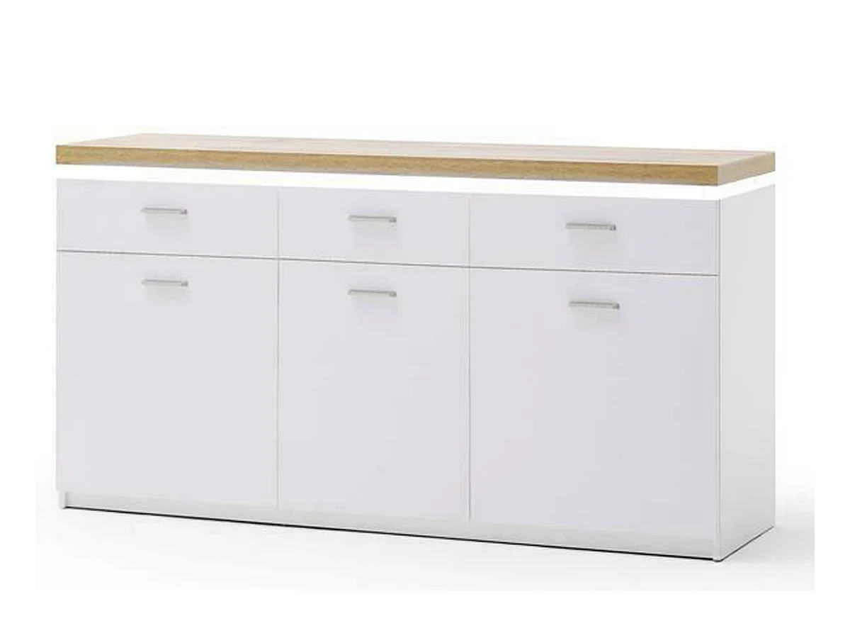 Buffet, meuble de rangement coloris blanc avec plateau finition chêne wotan - Longueur 156 x Hauteur 83 x Profondeur 44 cm