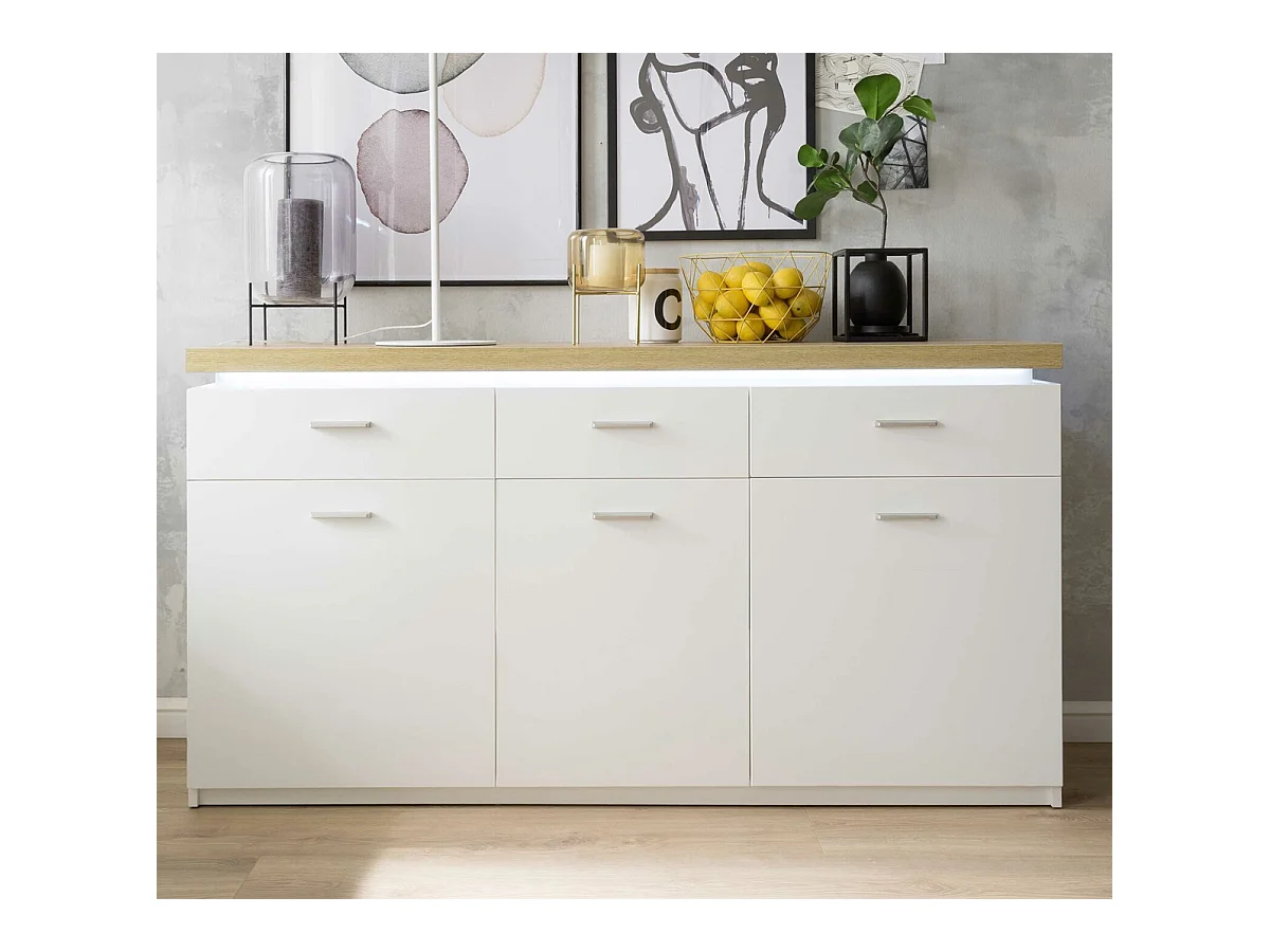 Buffet, meuble de rangement coloris blanc avec plateau finition chêne wotan - Longueur 156 x Hauteur 83 x Profondeur 44 cm