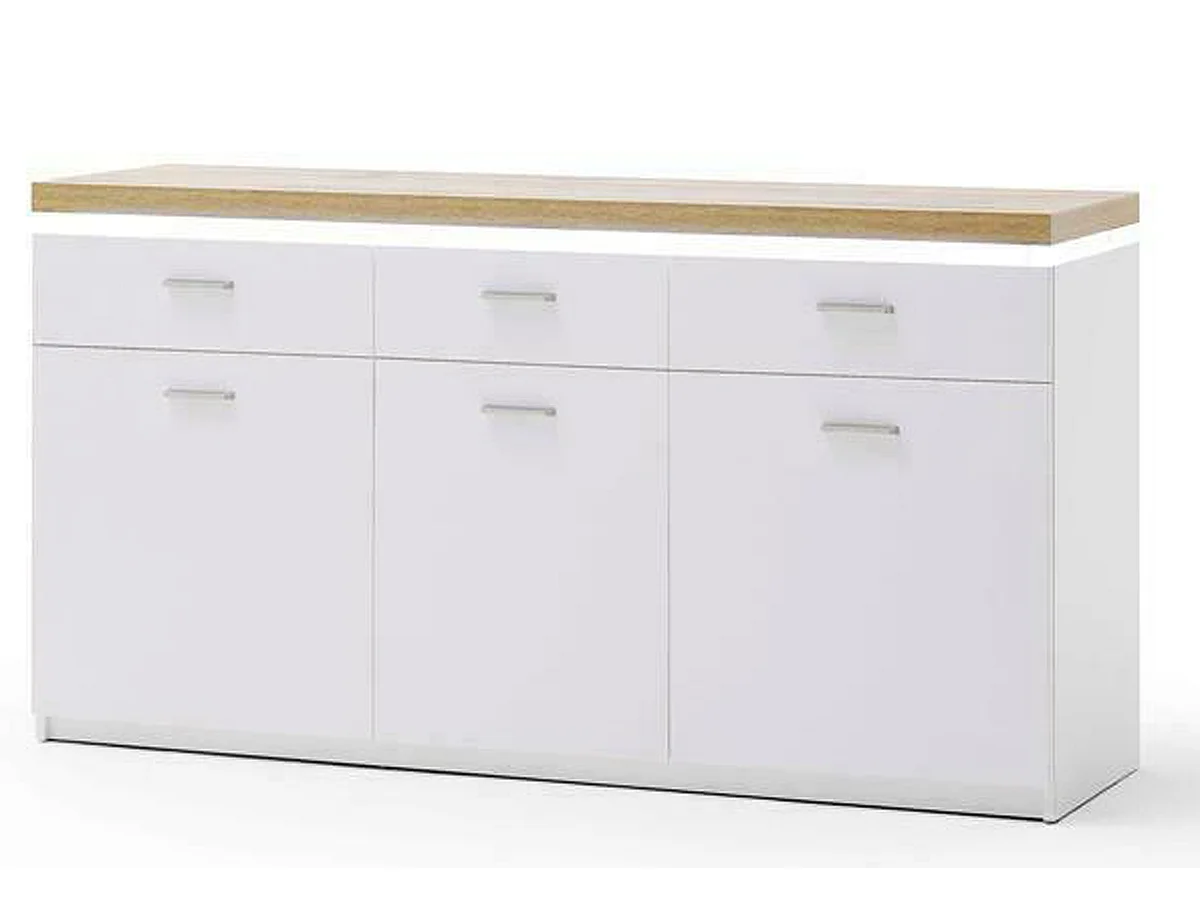 Buffet, meuble de rangement coloris blanc avec plateau finition chêne wotan - Longueur 156 x Hauteur 83 x Profondeur 44 cm