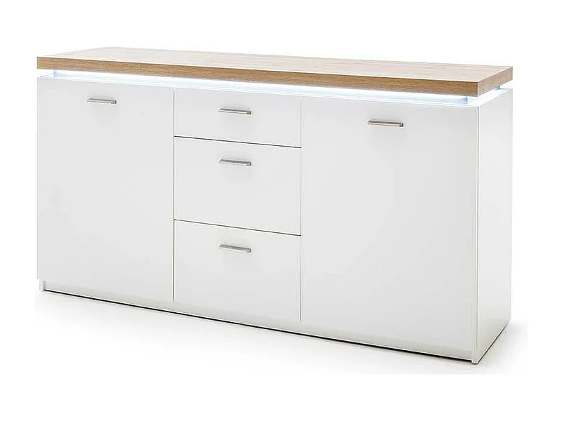 Buffet, meuble de rangement coloris blanc avec plateau finition chêne wotan - Longueur 156 x Hauteur 83 x Profondeur 44 cm