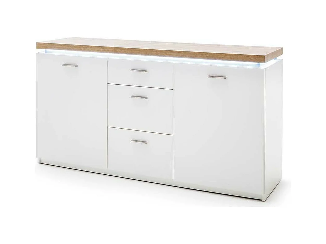 Buffet, meuble de rangement coloris blanc avec plateau finition chêne wotan - Longueur 156 x Hauteur 83 x Profondeur 44 cm