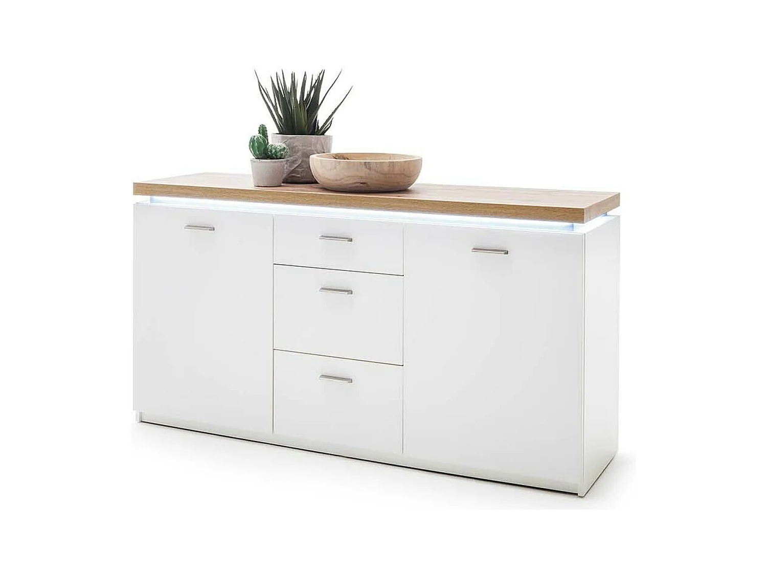 Buffet, meuble de rangement coloris blanc avec plateau finition chêne wotan - Longueur 156 x Hauteur 83 x Profondeur 44 cm