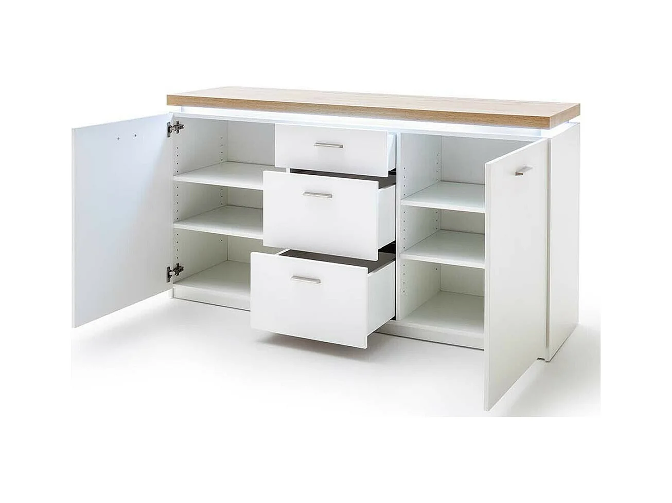 Buffet, meuble de rangement coloris blanc avec plateau finition chêne wotan - Longueur 156 x Hauteur 83 x Profondeur 44 cm