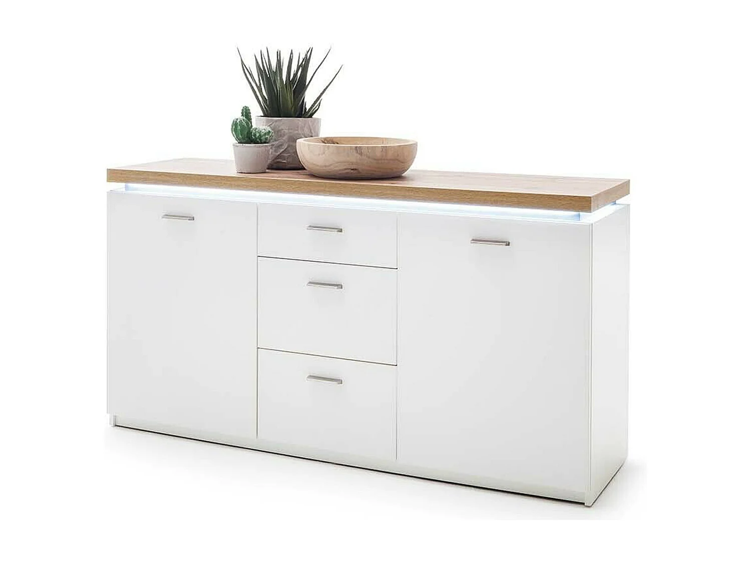 Buffet, meuble de rangement coloris blanc avec plateau finition chêne wotan - Longueur 156 x Hauteur 83 x Profondeur 44 cm