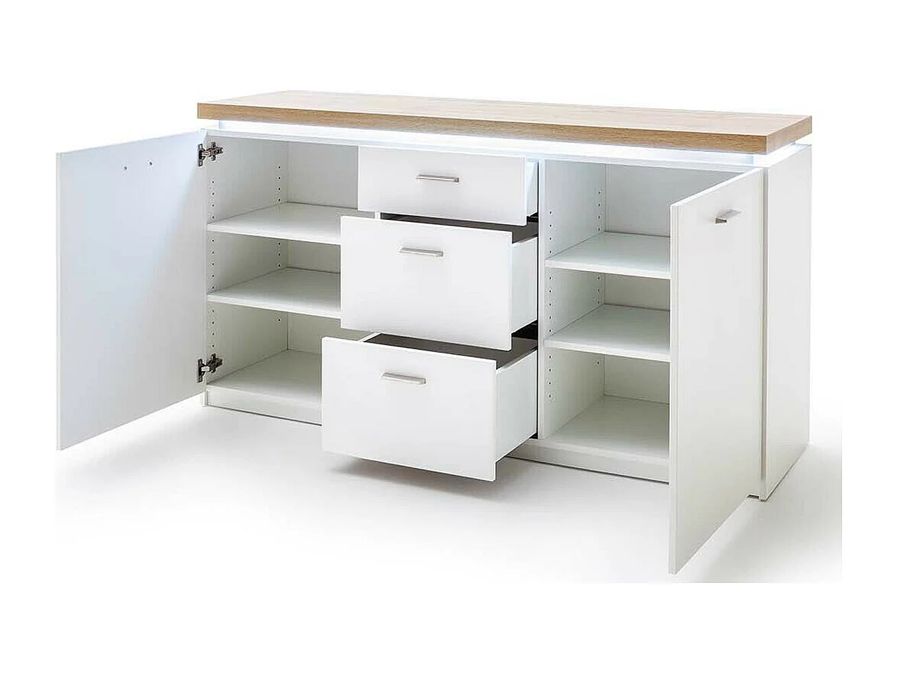 Buffet, meuble de rangement coloris blanc avec plateau finition chêne wotan - Longueur 156 x Hauteur 83 x Profondeur 44 cm