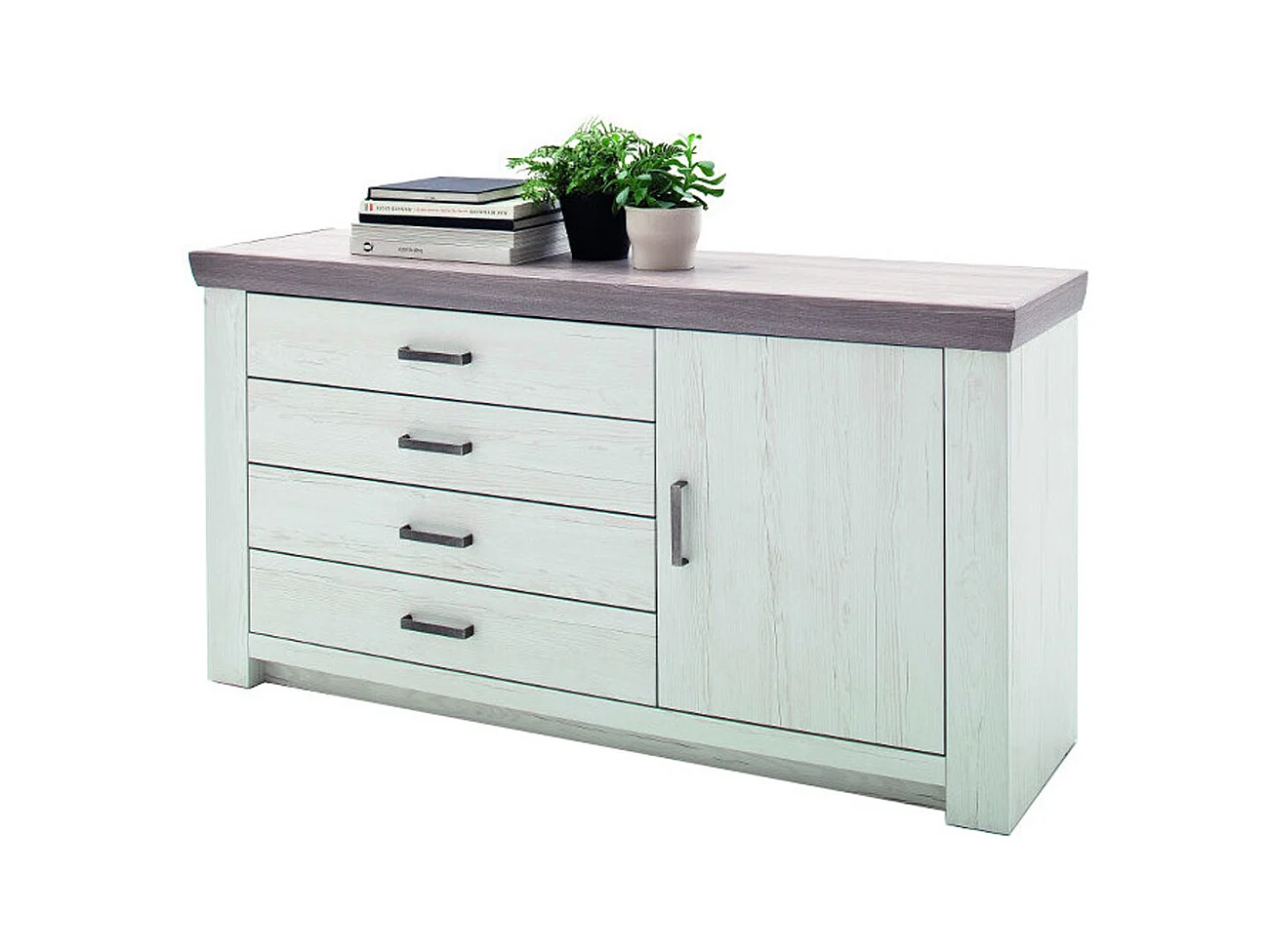 Buffet en pin massif blanc et chêne nelson - L.160 x H.83 x P.45 cm