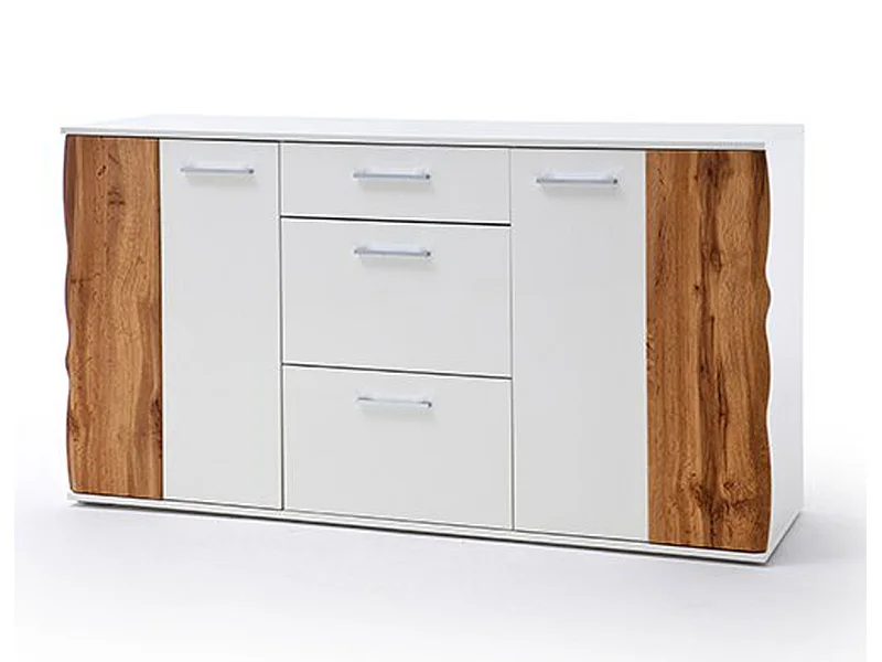 Buffet coloris blanc brillant et chêne - Longueur 154 x Hauteur 86 x Profondeur 44 cm