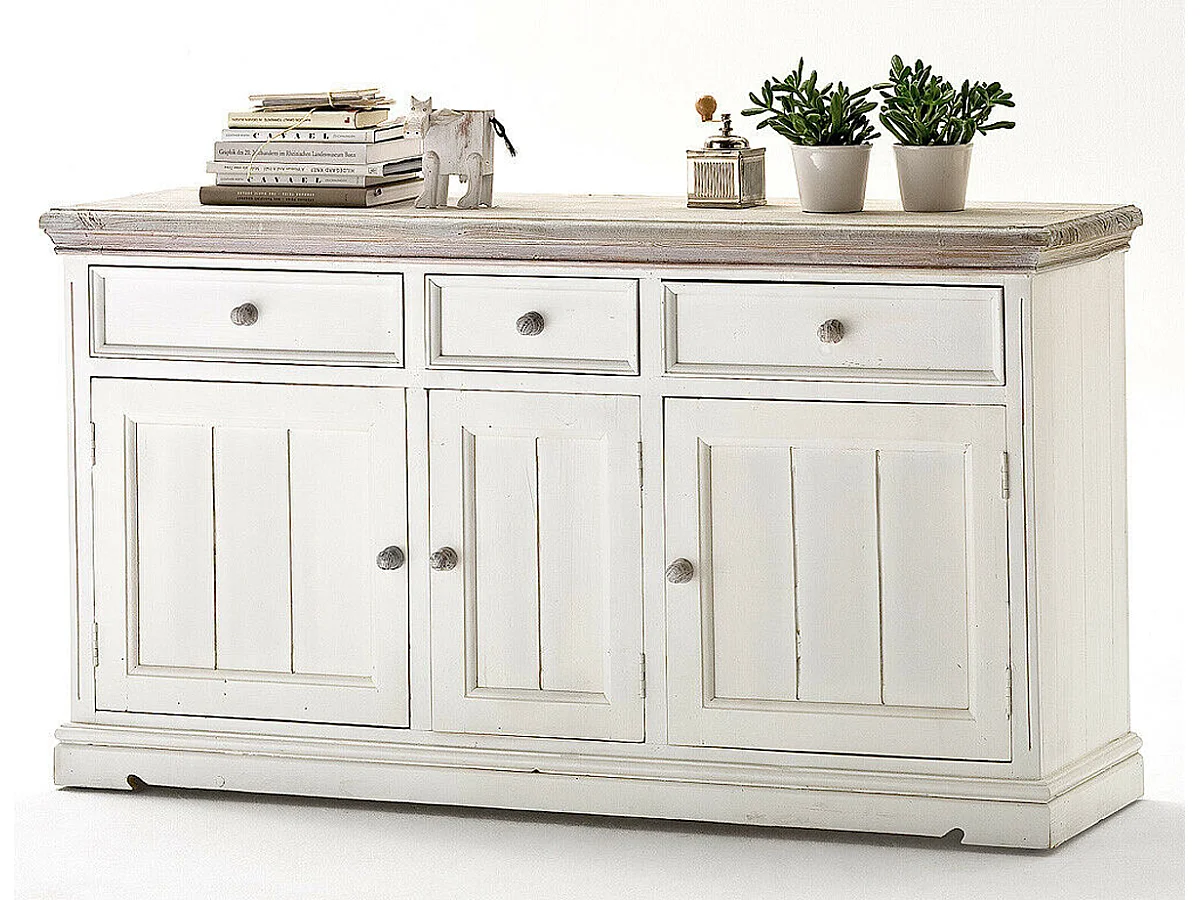 Buffet en pin massif blanc vintage - Longueur 165 x Hauteur 90 x Profondeur 47 cm