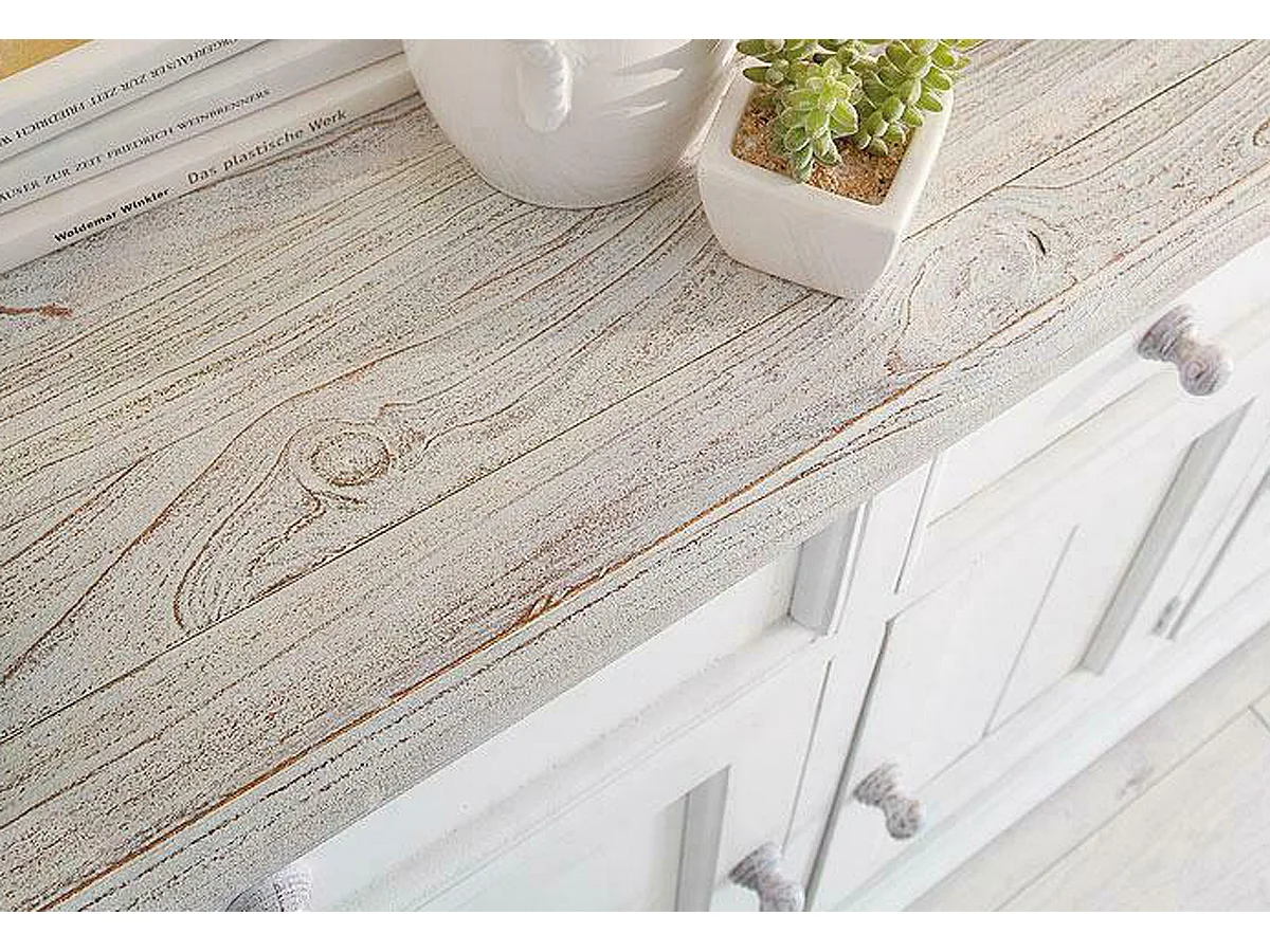 Buffet en pin massif blanc vintage - Longueur 165 x Hauteur 90 x Profondeur 47 cm