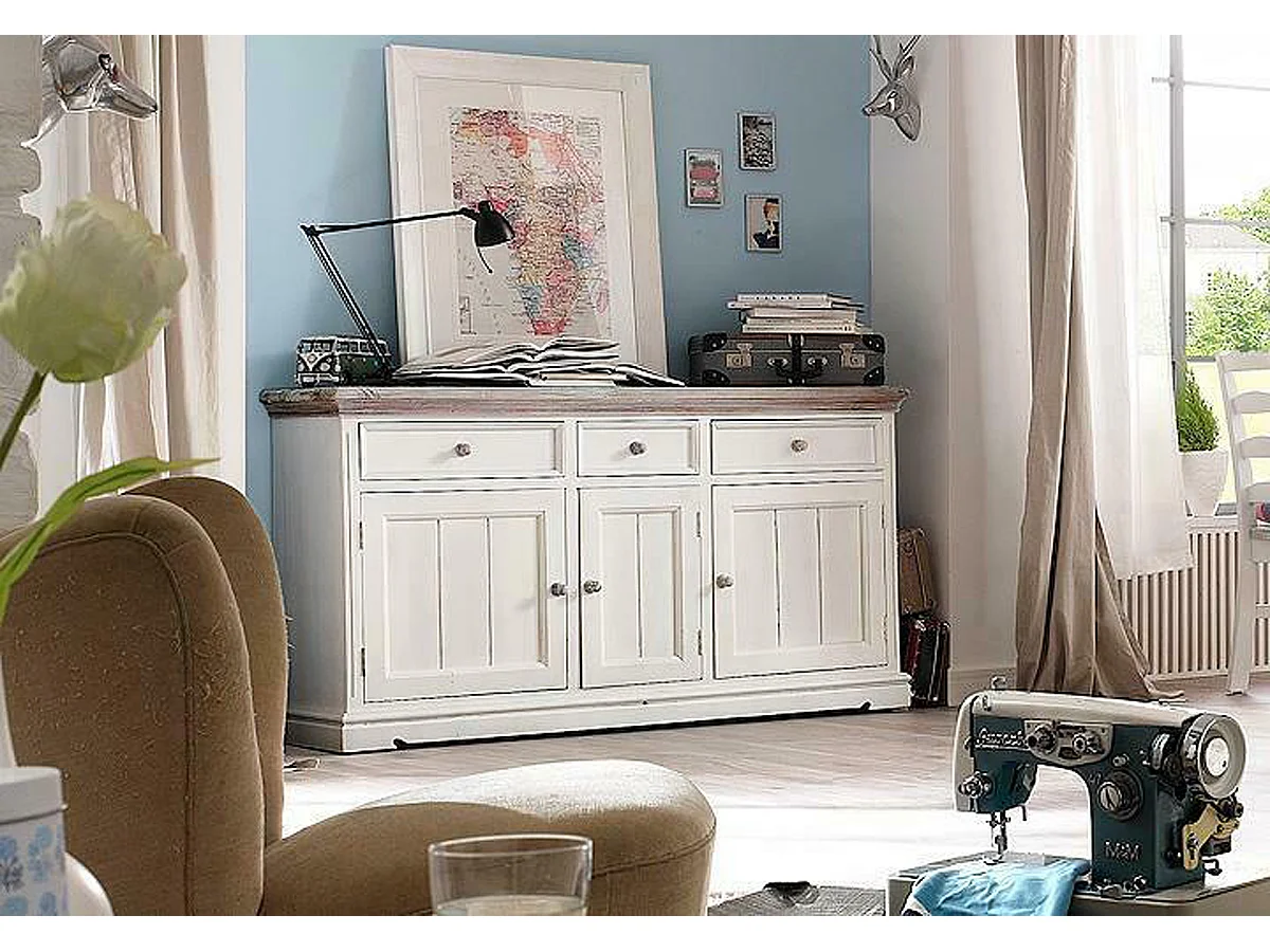 Buffet en pin massif blanc vintage - Longueur 165 x Hauteur 90 x Profondeur 47 cm