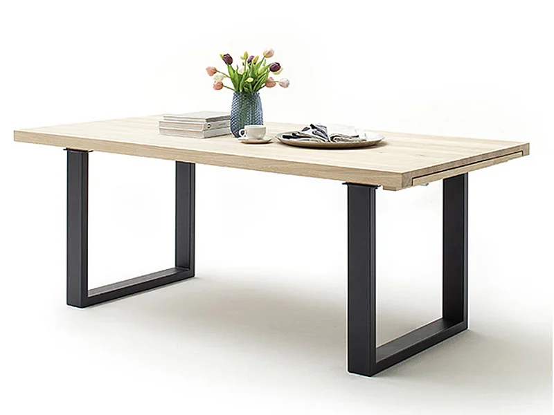 Table à manger extensible en chêne blanchi massif huilé / anthracite - L.200-300 x H.77 x P.100 cm