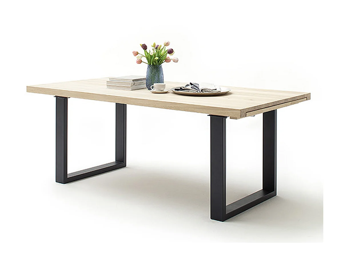 Table à manger extensible en chêne blanchi massif huilé / anthracite - L.200-300 x H.77 x P.100 cm