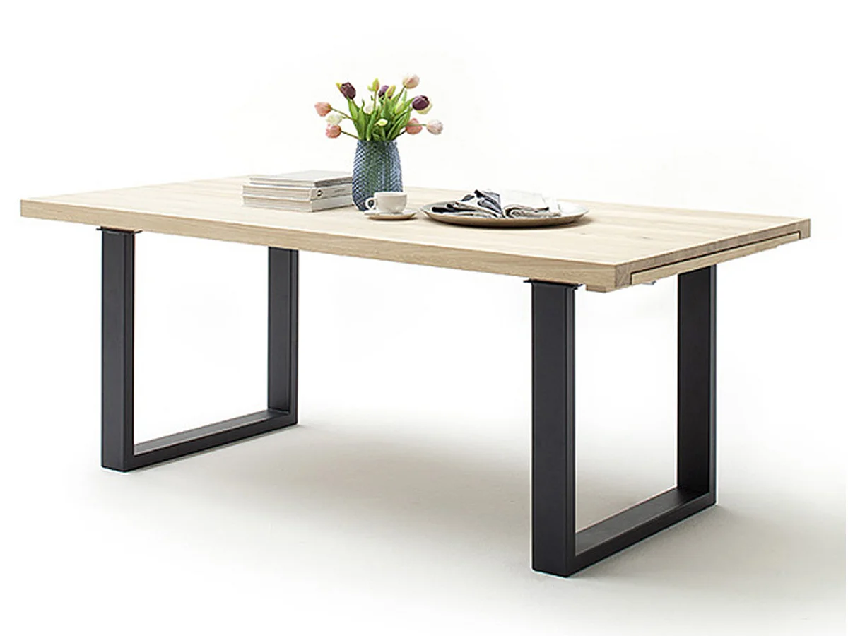 Table à manger extensible en chêne blanchi massif huilé / anthracite - L.200-300 x H.77 x P.100 cm