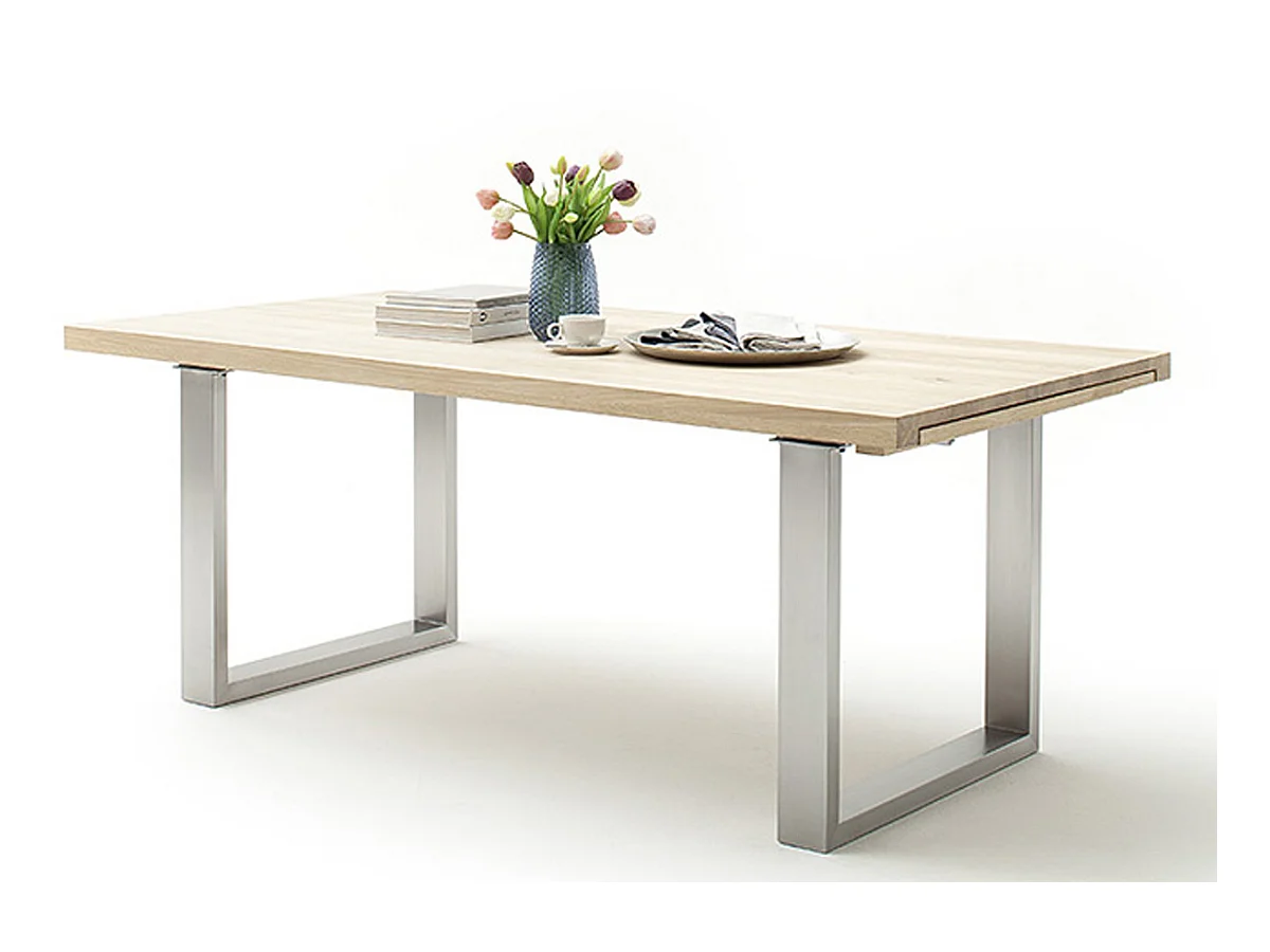 Table à manger extensible en chêne blanchi massif huilé / acier - L.200-300 x H.77 x P.100 cm