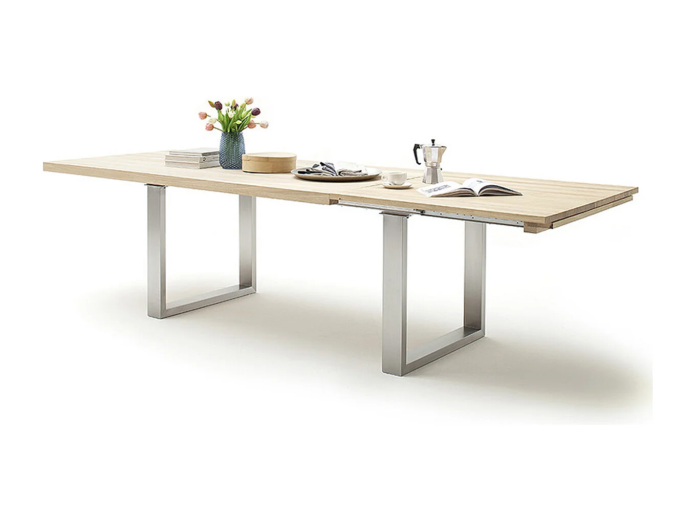 Table à manger extensible en chêne blanchi massif huilé / acier - L.200-300 x H.77 x P.100 cm