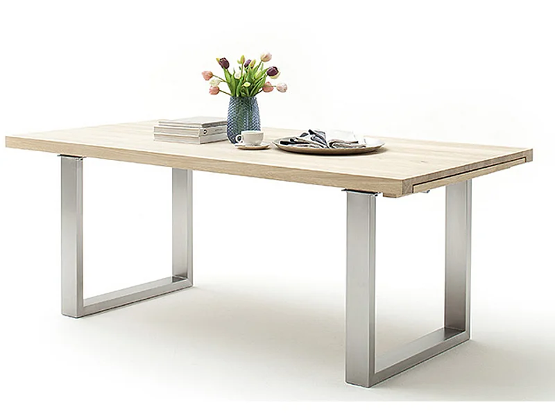 Table à manger extensible en chêne blanchi massif huilé / acier - L.200-300 x H.77 x P.100 cm