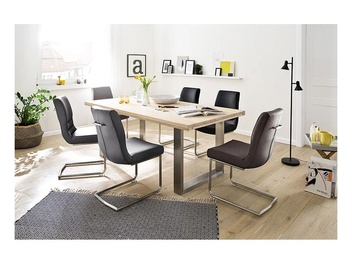 Table à manger extensible en chêne blanchi massif huilé / acier - L.180-280 x H.77 x P.100 cm