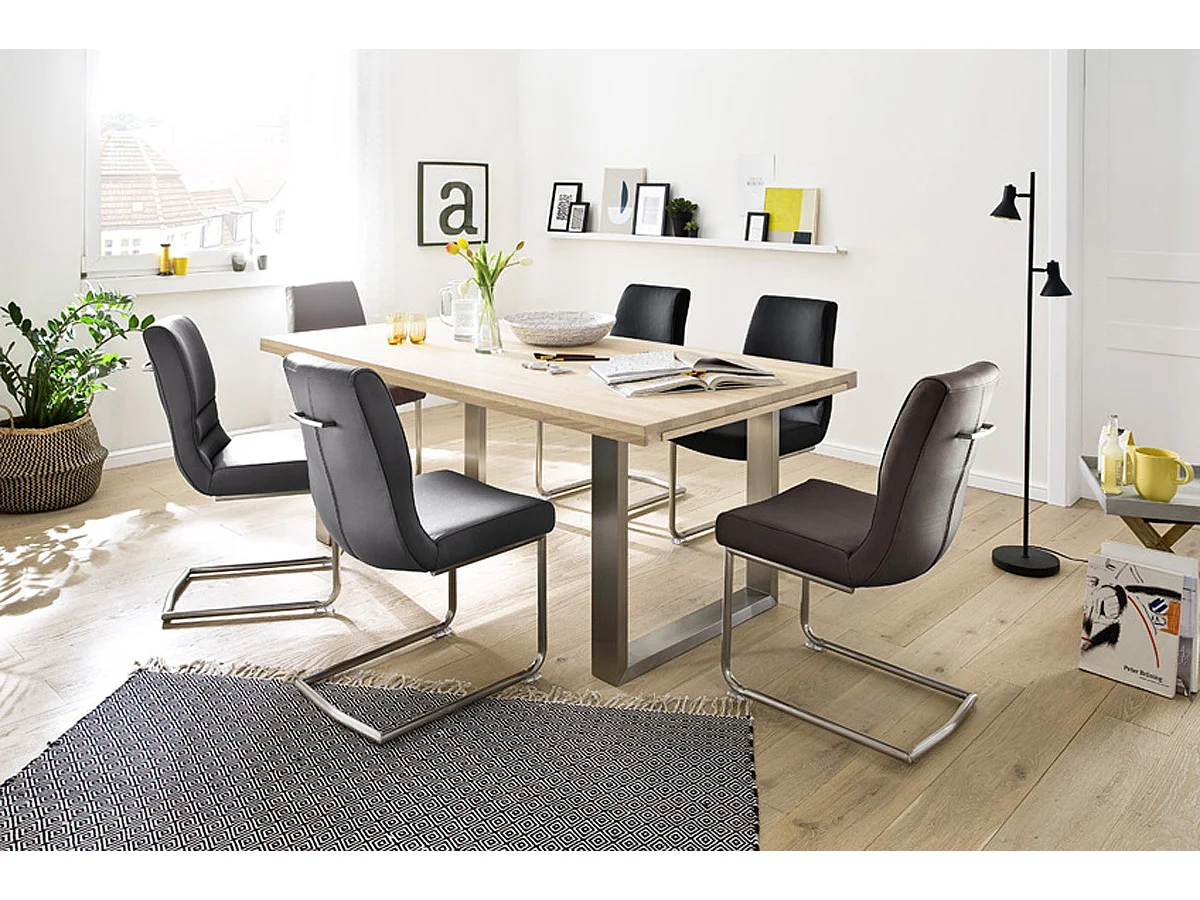 Table à manger extensible en chêne blanchi massif huilé / acier - L.180-280 x H.77 x P.100 cm