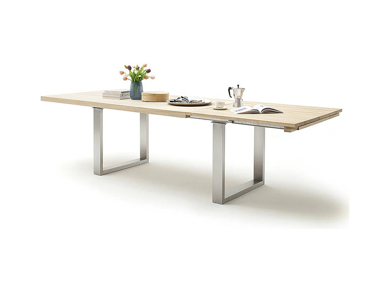 Table à manger extensible en chêne blanchi massif huilé / acier - L.220-320 x H.77 x P.100 cm