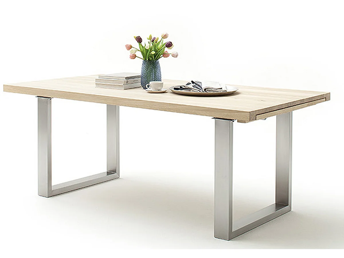 Table à manger extensible en chêne blanchi massif huilé / acier - L.220-320 x H.77 x P.100 cm