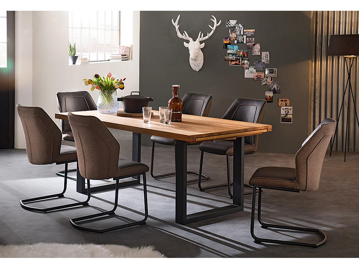 Table à manger extensible en chêne sauvage massif huilé / anthracite - L.220-320 x H.77 x P.100 cm