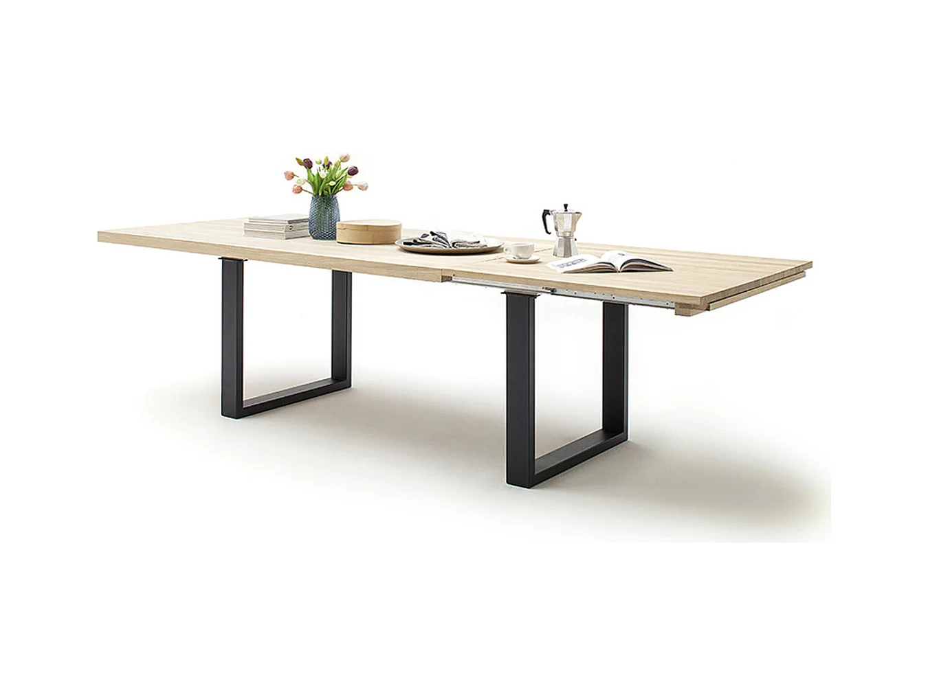 Table à manger extensible en chêne blanchi massif huilé / anthracite - L.220-320 x H.77 x P.100 cm