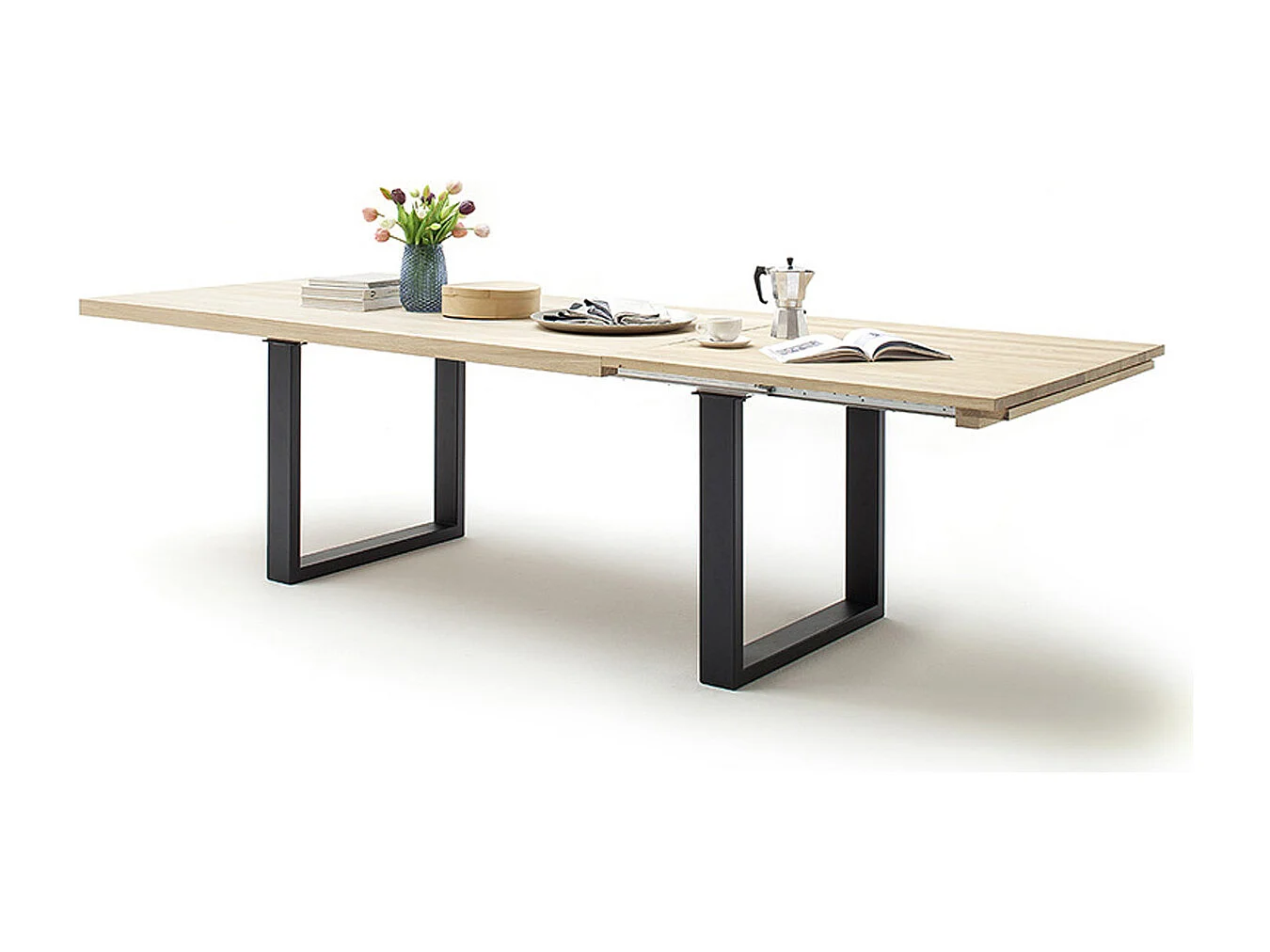 Table à manger extensible en chêne blanchi massif huilé / anthracite - L.180-280 x H.77 x P.100 cm