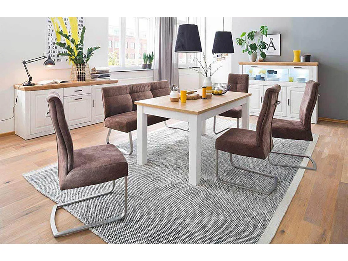 Table à manger extensible en bois coloris blanc / chêne - L.160 x H.77 x P.90 cm