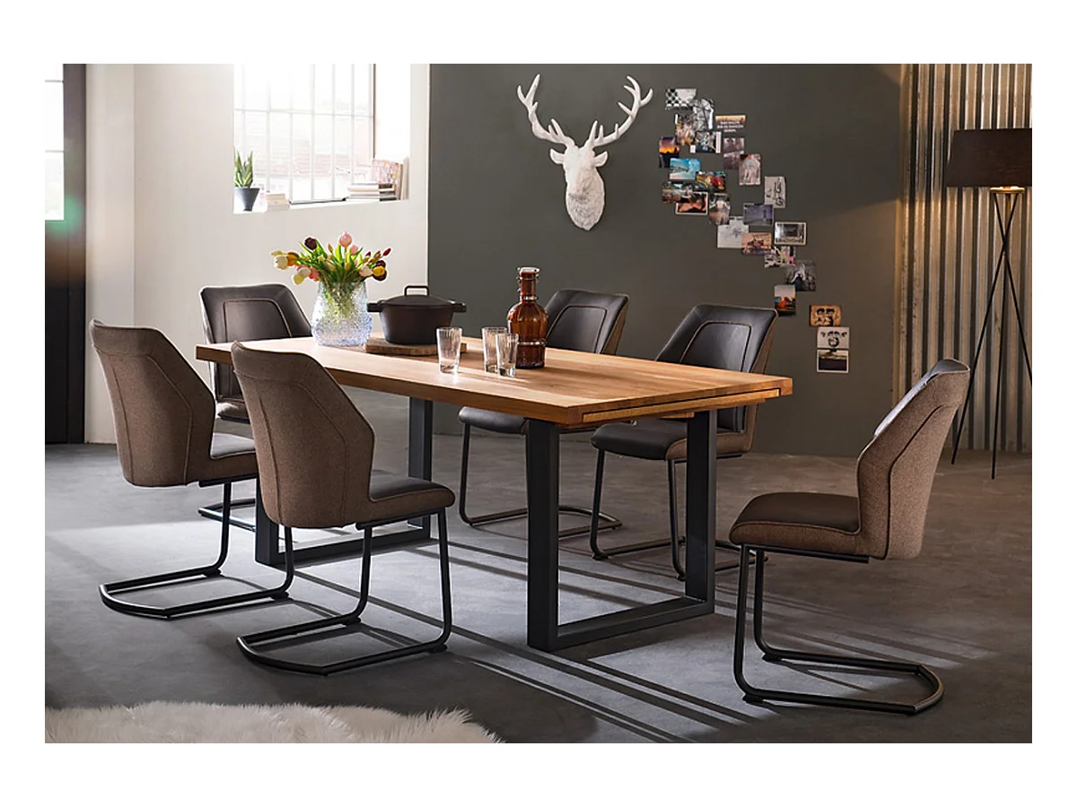 Table à manger extensible en chêne sauvage massif huilé / anthracite - L.200-300 x H.77 x P.100 cm