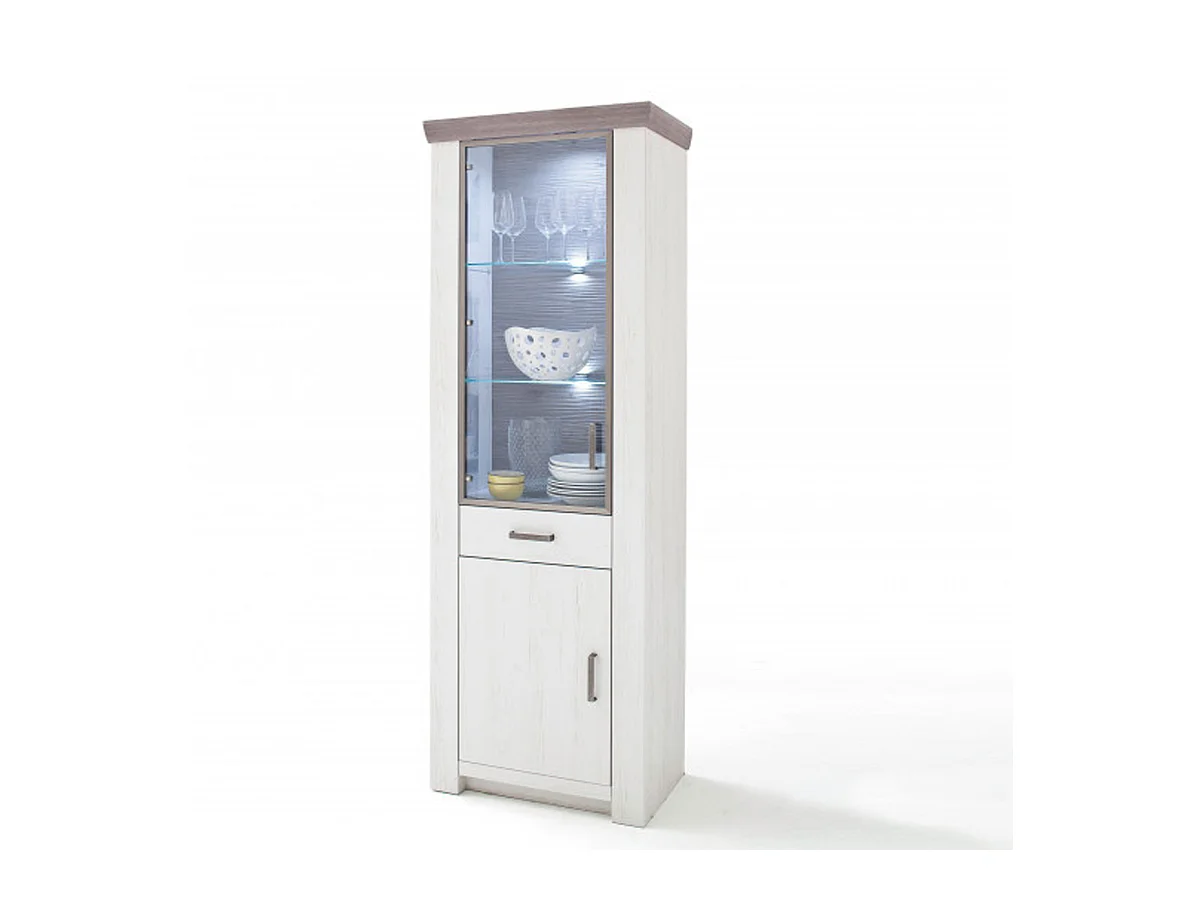Vitrine en pin blanc et chêne Neslon avec LED - L.74 x H.210 x P.45 cm