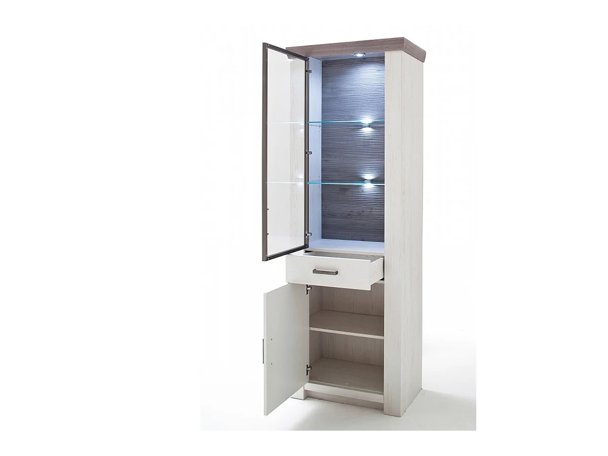 Vitrine en pin blanc et chêne Neslon avec LED - L.74 x H.210 x P.45 cm