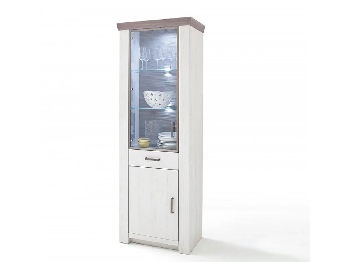 Vitrine en pin blanc et chêne Neslon avec LED - L.74 x H.210 x P.45 cm