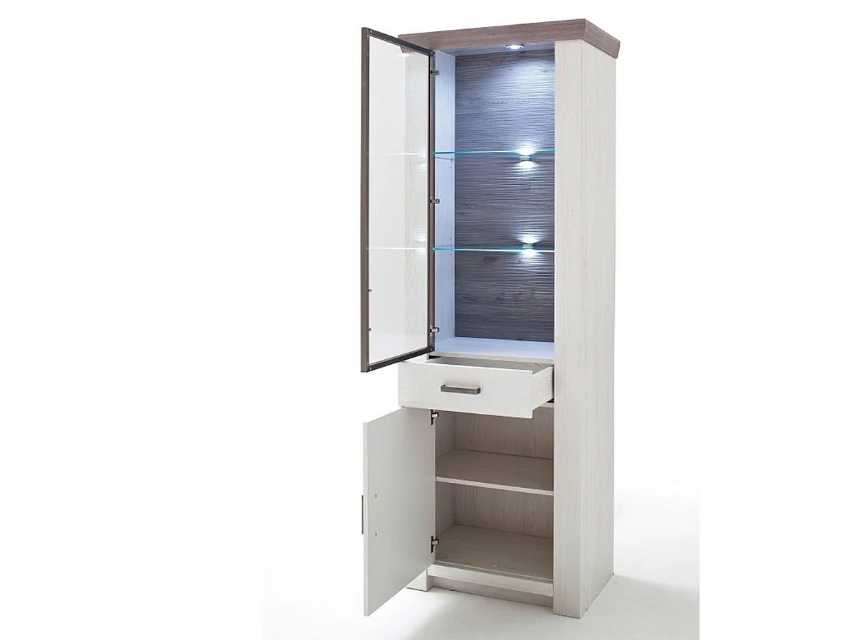 Vitrine en pin blanc et chêne Neslon avec LED - L.74 x H.210 x P.45 cm