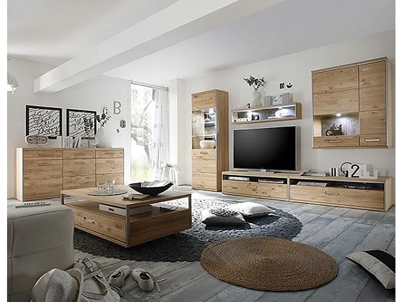 Vitrine murale droite en chêne bianco avec LED - Longueur 94 x Hauteur 120 x Profondeur 39 cm