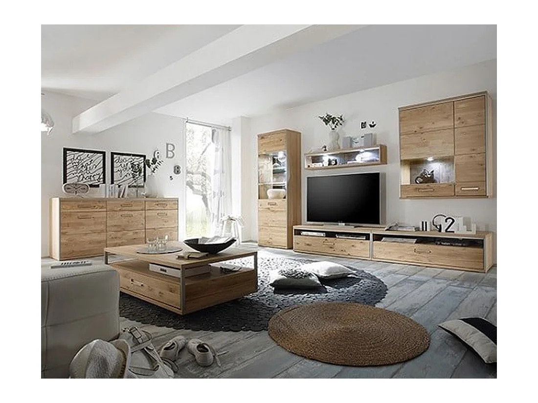 Vitrine murale droite en chêne bianco avec LED - Longueur 94 x Hauteur 120 x Profondeur 39 cm