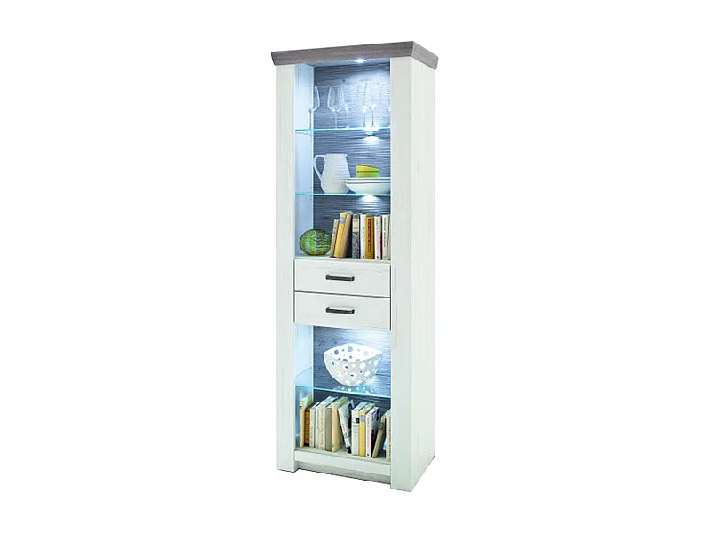 Vitrine en pin blanc et chêne Neslon avec LED - L.74 x H.210 x P.45 cm