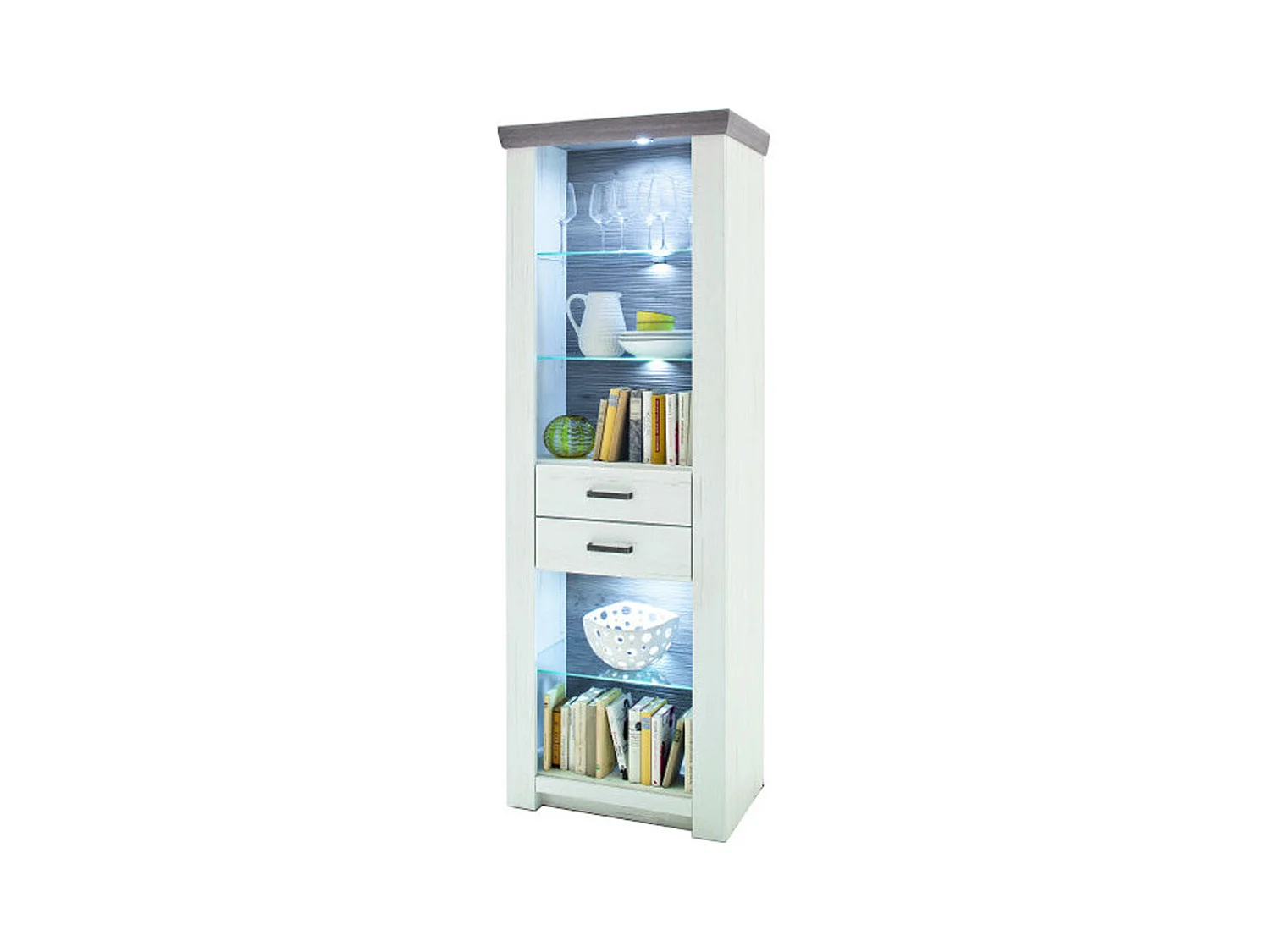 Vitrine en pin blanc et chêne Neslon avec LED - L.74 x H.210 x P.45 cm