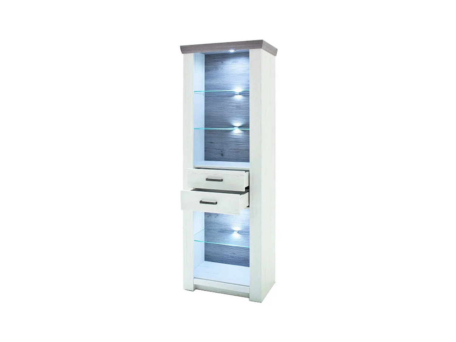 Vitrine en pin blanc et chêne Neslon avec LED - L.74 x H.210 x P.45 cm