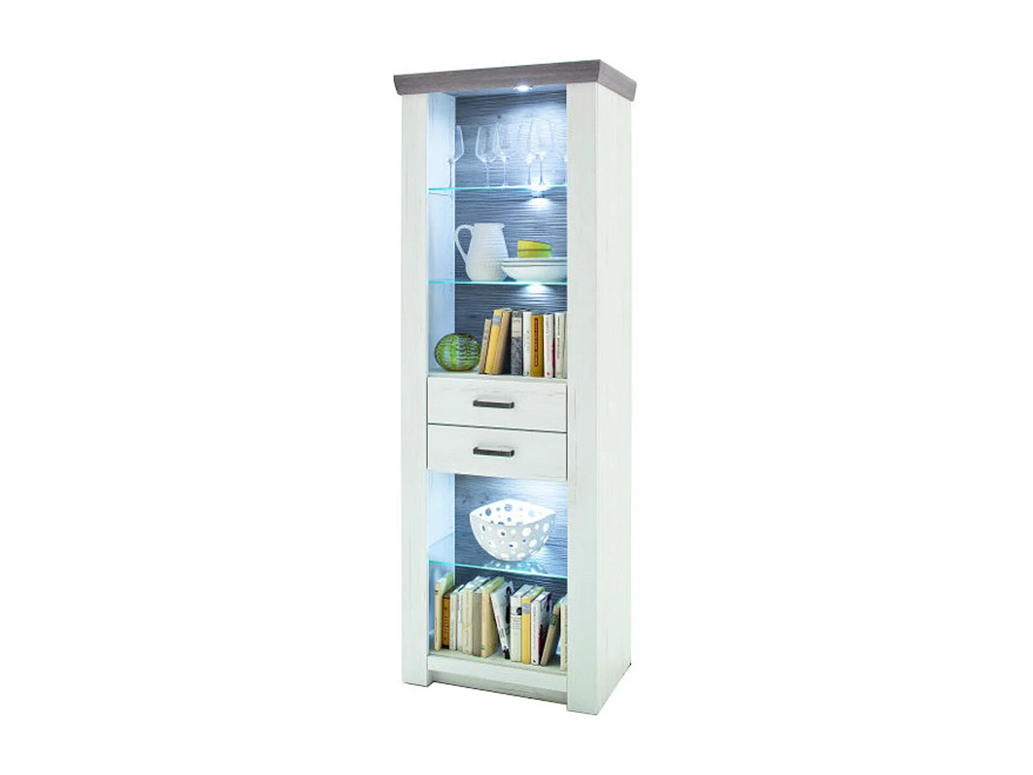 Vitrine en pin blanc et chêne Neslon avec LED - L.74 x H.210 x P.45 cm