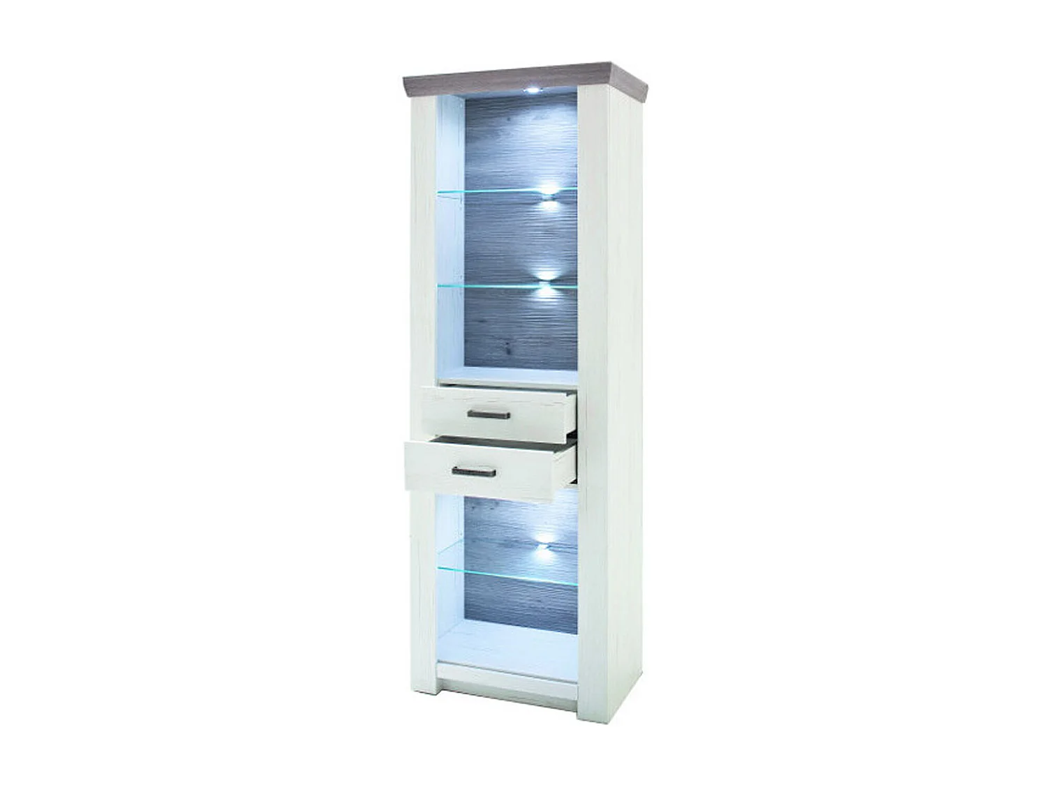 Vitrine en pin blanc et chêne Neslon avec LED - L.74 x H.210 x P.45 cm